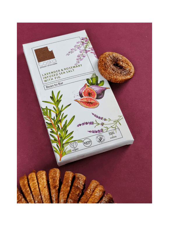 Lavender & Rosemary infused Sea Salt with Fig Dark Chocolate Bar - 70g - Toska Chocolates - The Gourmet Box