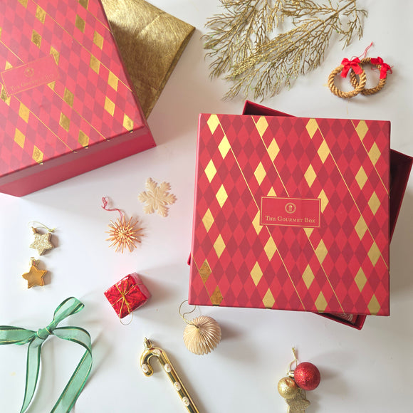 Red and Gold Gift Box - 9 inch x 9 inch - The Gourmet Box