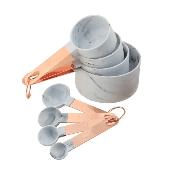 Measuring Cups & Spoons with Marble Print and Copper Handles