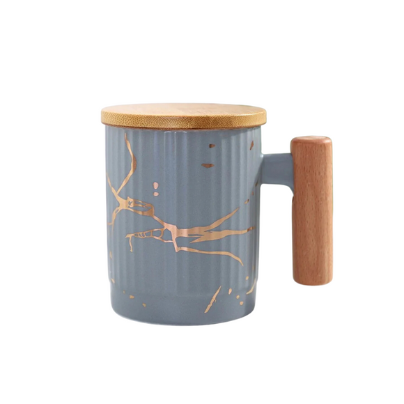 Ceramic Marble Print Mugs with a Wooden Lid