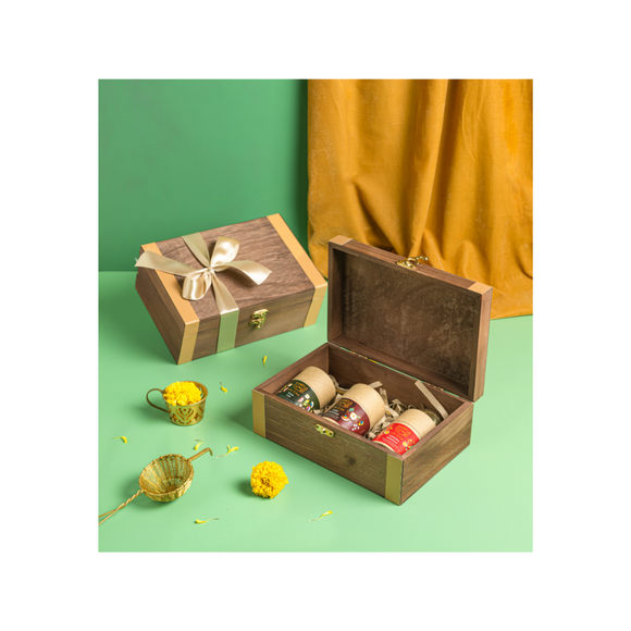 Festive Wooden Tea Gift Box (3 Paper Tubes + Infuser) - Oh Cha